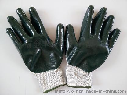 绿色丁晴手套 防油渍浸胶手套13针尼龙手套